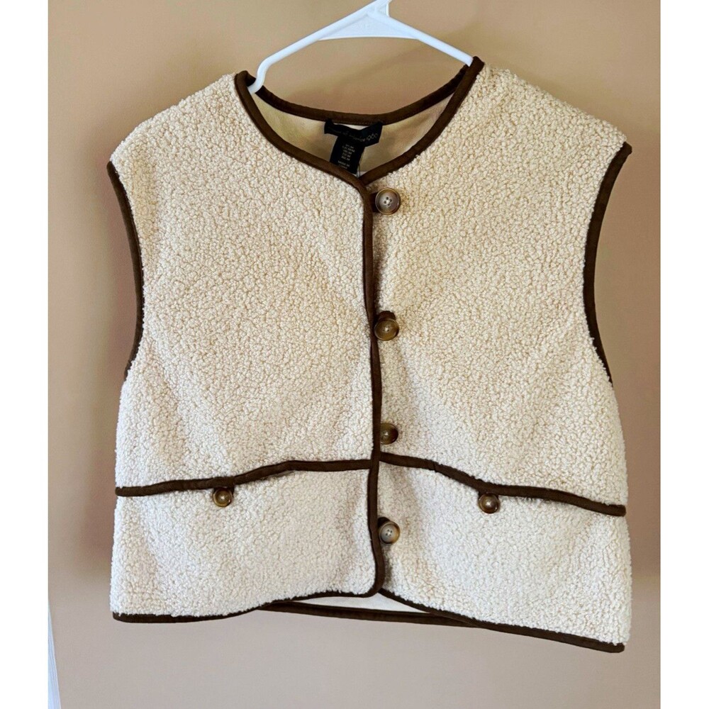 House of Harlow 1960 Women’s Sherpa Vest Beige/Brown Trim Button Pockets M